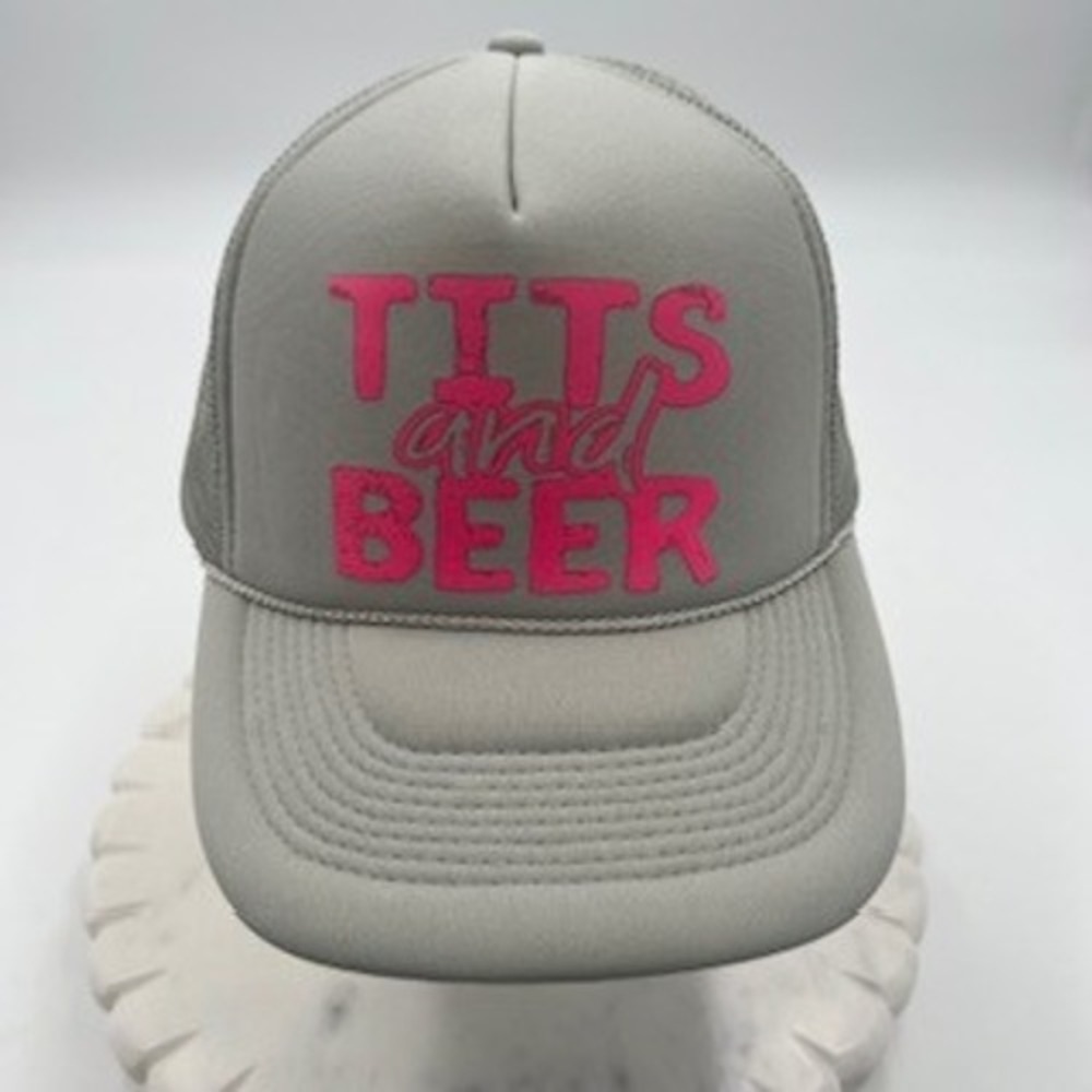 Nissun Grey Pink Graphic Trucker Hat Mesh Snapback Cap NWOT
